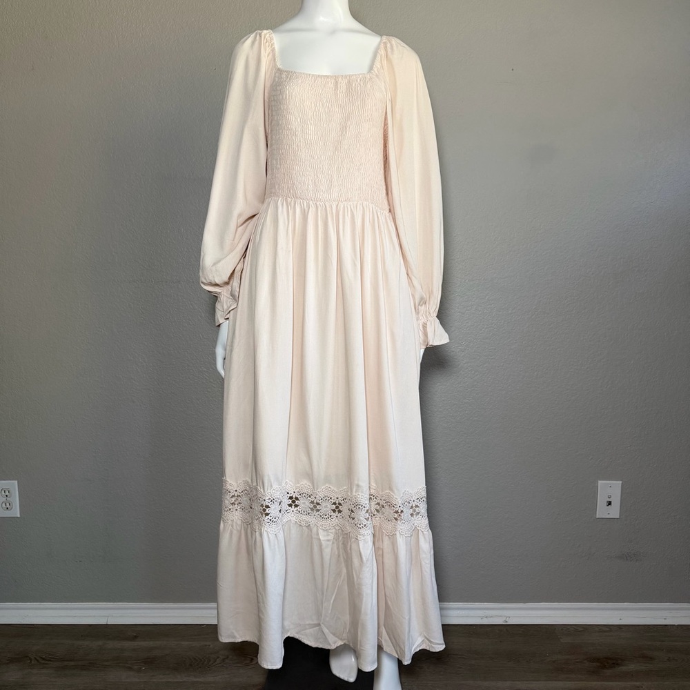ZESICA Smocked Cottagecore Midi Dress Cream Milkmaid Spring Boho Large - Picture 5 of 9